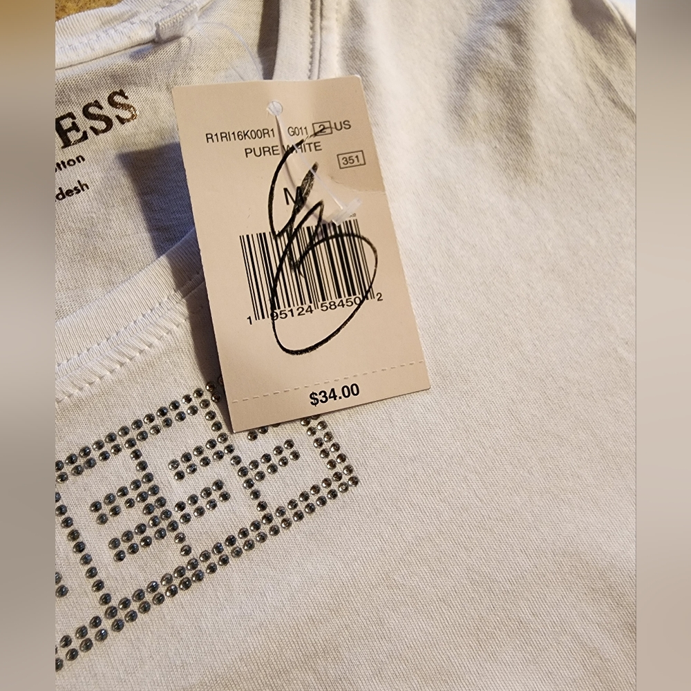 NEW Guess White Embellished Short Sleeve Tee Size M - Picture 4 of 9
